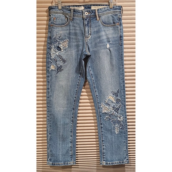 Pilcro and the Letterpress Denim - Pilcro Anthropologie Slim Boyfriend Embroidered Patchwork Jeans 28 Petite Boho